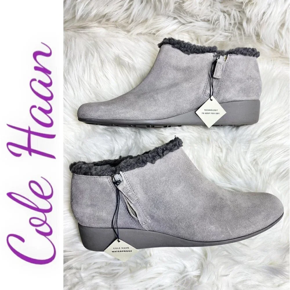 NWOB COLE HAAN Grand OS Callie Waterproof Suede Shearling Wedge Bootie‎ Gray, 10